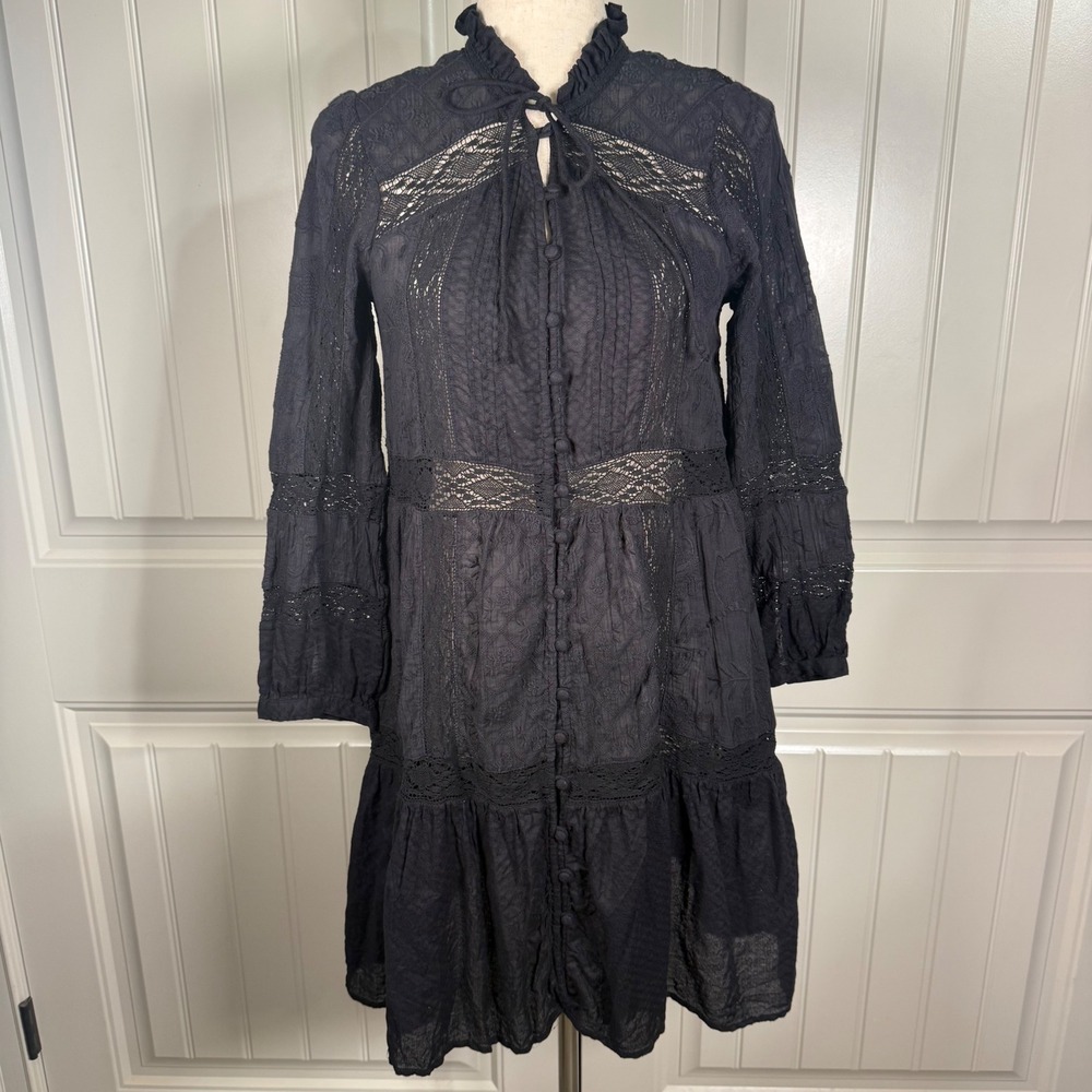 Sundance Dress Womens PXS Black Cotton Boho Lace Embroidered Ruffle Tiered Mini